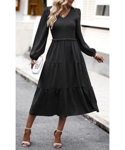 Women's 2024 Casual Long Sleeve Fall Dress Crew Neck High Waist Tiered Smocked Flowy Midi Dresses Black 2 $17.83 Dresses