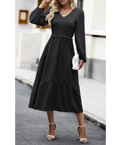 Women's 2024 Casual Long Sleeve Fall Dress Crew Neck High Waist Tiered Smocked Flowy Midi Dresses Black 2 $17.83 Dresses