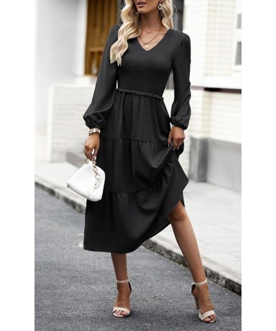 Women's 2024 Casual Long Sleeve Fall Dress Crew Neck High Waist Tiered Smocked Flowy Midi Dresses Black 2 $17.83 Dresses