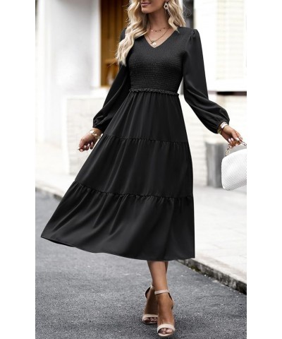 Women's 2024 Casual Long Sleeve Fall Dress Crew Neck High Waist Tiered Smocked Flowy Midi Dresses Black 2 $17.83 Dresses