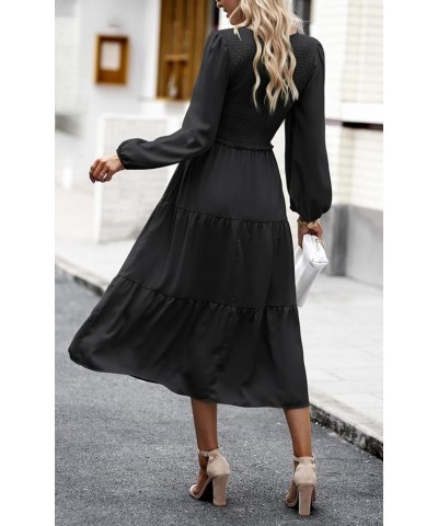 Women's 2024 Casual Long Sleeve Fall Dress Crew Neck High Waist Tiered Smocked Flowy Midi Dresses Black 2 $17.83 Dresses