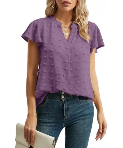 Womens Summer Tops Casual V Neck T Shirts Ruffle Short Sleeve Blouses Dressy Loose Fit Tunic Purple Gray $10.39 Blouses