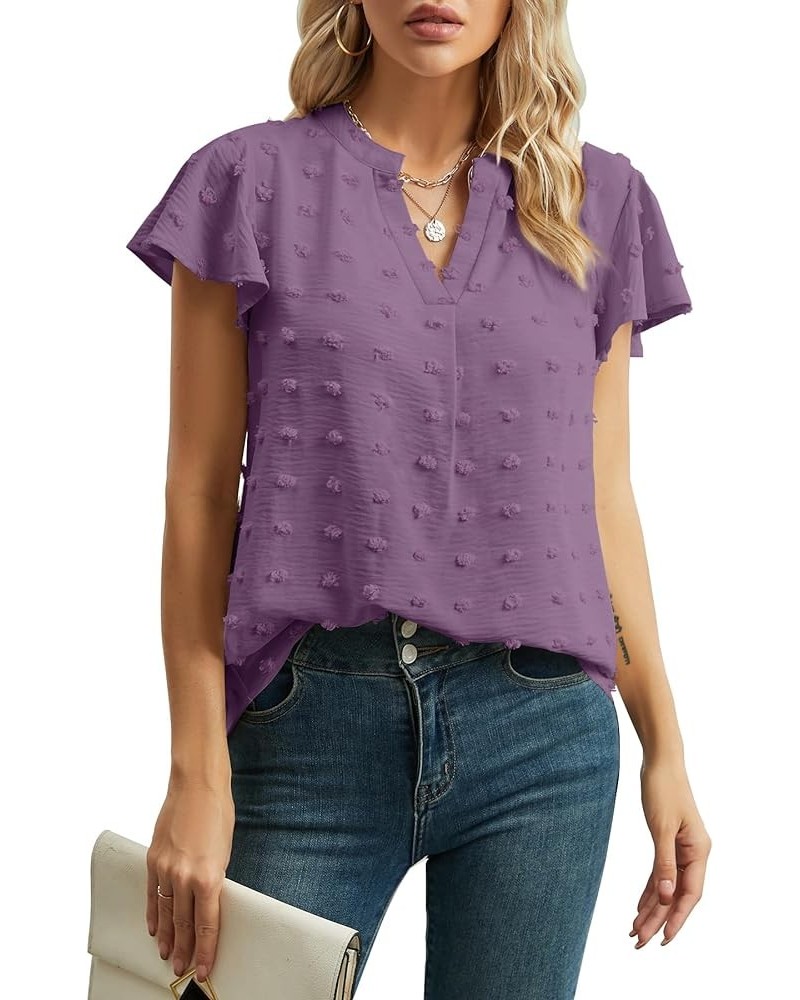 Womens Summer Tops Casual V Neck T Shirts Ruffle Short Sleeve Blouses Dressy Loose Fit Tunic Purple Gray $10.39 Blouses