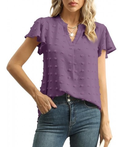 Womens Summer Tops Casual V Neck T Shirts Ruffle Short Sleeve Blouses Dressy Loose Fit Tunic Purple Gray $10.39 Blouses