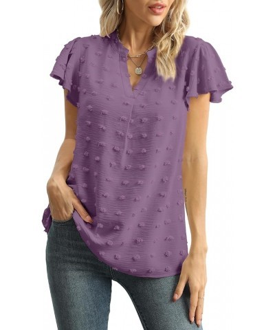 Womens Summer Tops Casual V Neck T Shirts Ruffle Short Sleeve Blouses Dressy Loose Fit Tunic Purple Gray $10.39 Blouses