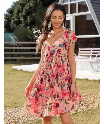 Women's 2023 Summer Pleated Dress Babydoll Backless Mini Sun Dresses Flowy Swing Floral Beach V Neck Sexy Sundresses 3 Red Fl...