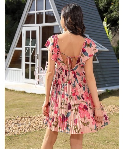 Women's 2023 Summer Pleated Dress Babydoll Backless Mini Sun Dresses Flowy Swing Floral Beach V Neck Sexy Sundresses 3 Red Fl...