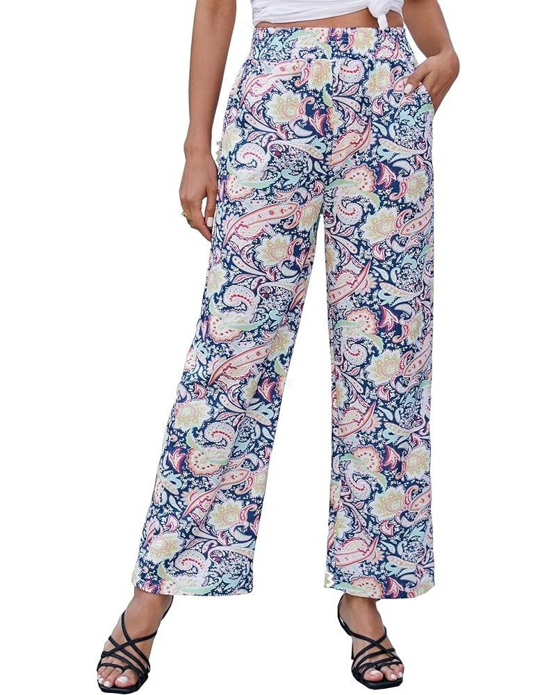 Women's Boho Palazzo Pants Summer Casual High Waisted Wide Leg Lounge Beach Yoga Pants with Pockets Blue-floral $12.23 Active...