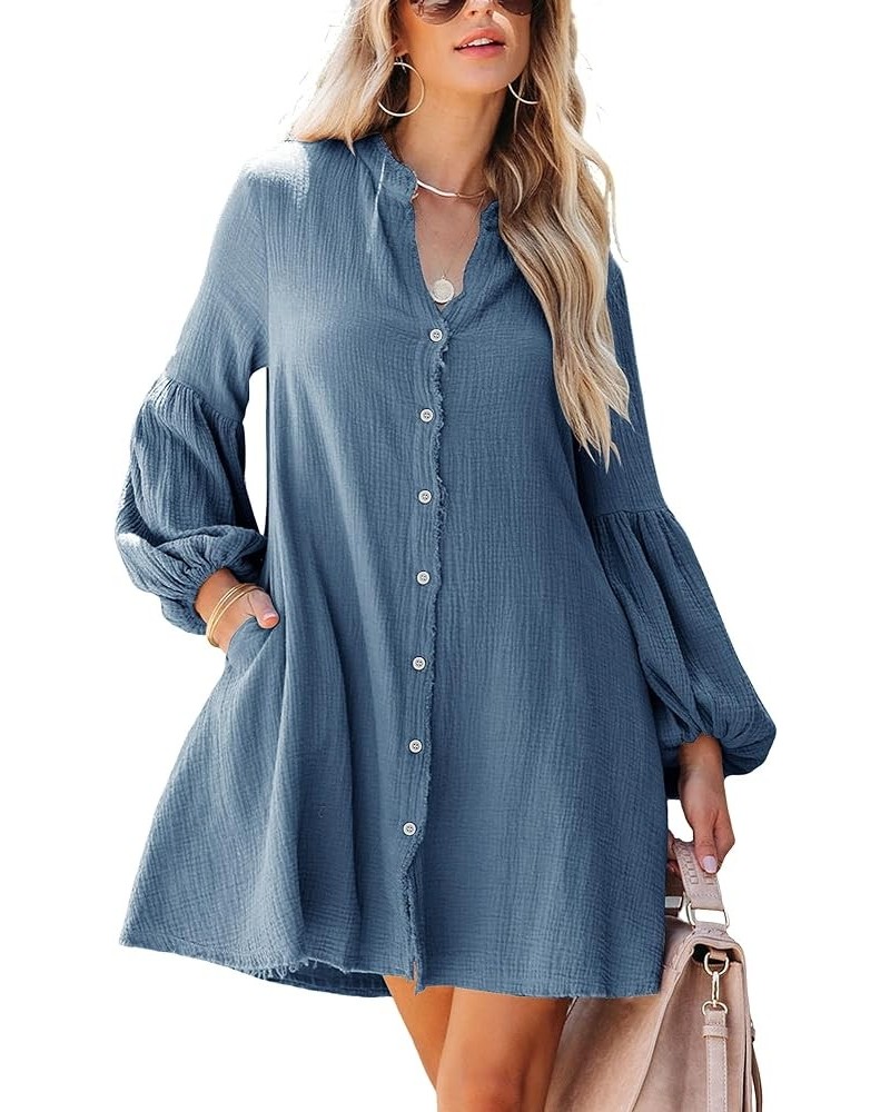 Women's Fall Cotton Button Down Dresses Causal Long Sleeve V Neck Tunic Dress with Pockets Navy Blue $12.18 Dresses