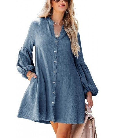 Women's Fall Cotton Button Down Dresses Causal Long Sleeve V Neck Tunic Dress with Pockets Navy Blue $12.18 Dresses