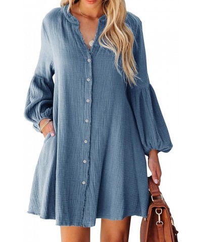 Women's Fall Cotton Button Down Dresses Causal Long Sleeve V Neck Tunic Dress with Pockets Navy Blue $12.18 Dresses