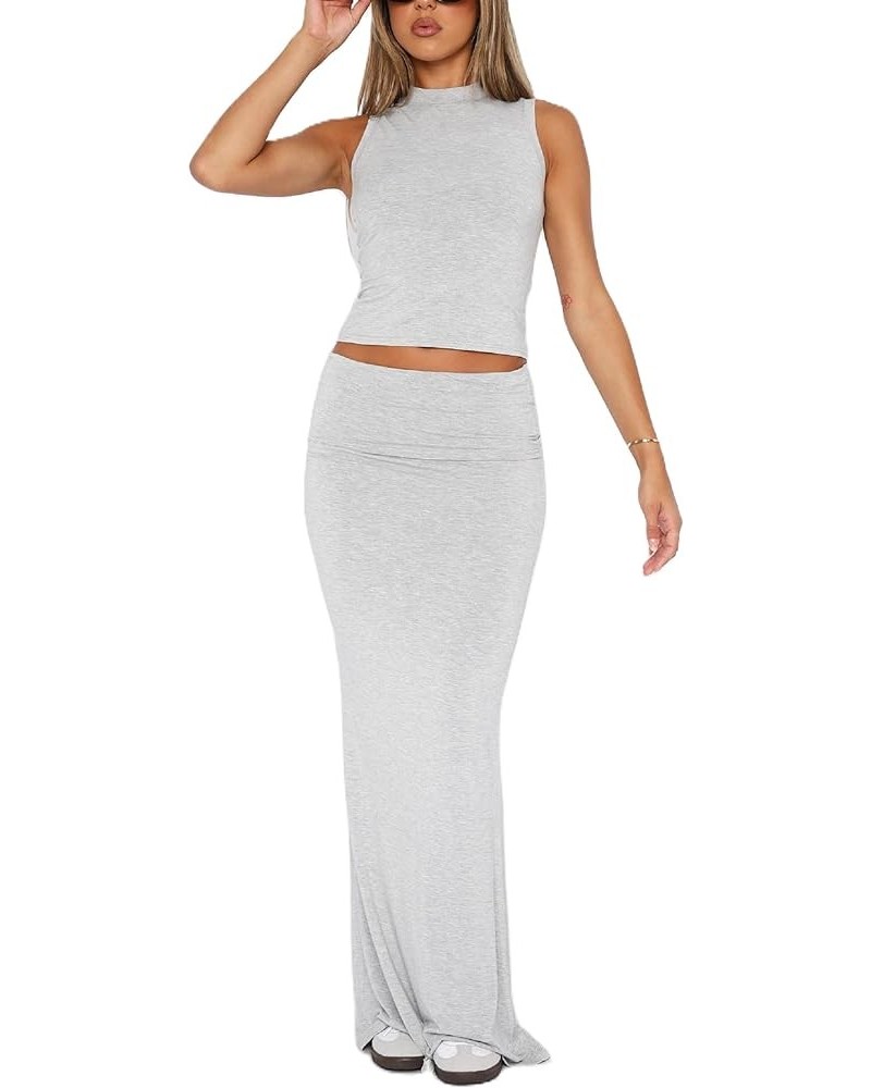 Women Bodycon Two Piece Skirt Y2k Outfits Sleeveless Crop Tank Top Fold Over Maxi Skirt Set Basic Matching Sets Gray $9.33 Suits