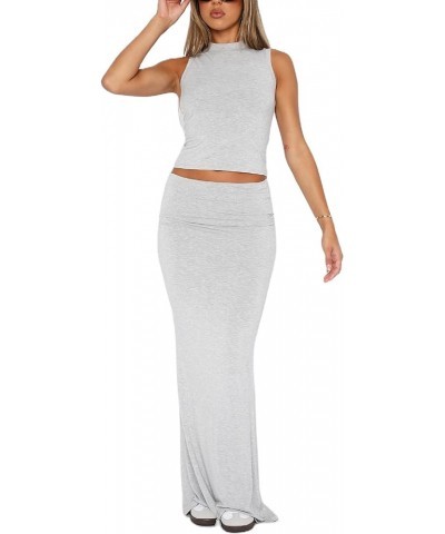 Women Bodycon Two Piece Skirt Y2k Outfits Sleeveless Crop Tank Top Fold Over Maxi Skirt Set Basic Matching Sets Gray $9.33 Suits