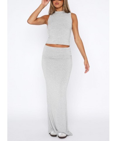 Women Bodycon Two Piece Skirt Y2k Outfits Sleeveless Crop Tank Top Fold Over Maxi Skirt Set Basic Matching Sets Gray $9.33 Suits