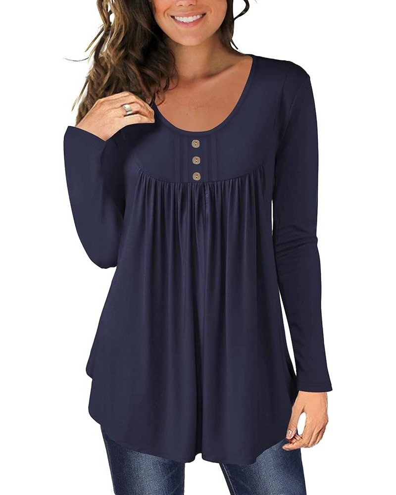 Women's Casual Tunic Tops To Wear With Leggings Long Sleeve Henley Blouses Botton Up Shirts Dark Blue $10.50 Tops