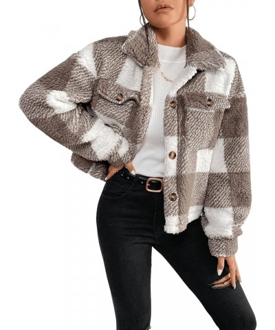 Women's Long Sleeve Button Front Collared Jacket Fuzzy Fleece Coat Outerwear with Pocket Brown White $22.54 Jackets