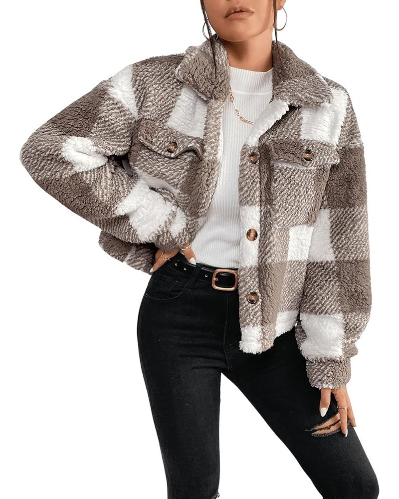 Women's Long Sleeve Button Front Collared Jacket Fuzzy Fleece Coat Outerwear with Pocket Brown White $22.54 Jackets