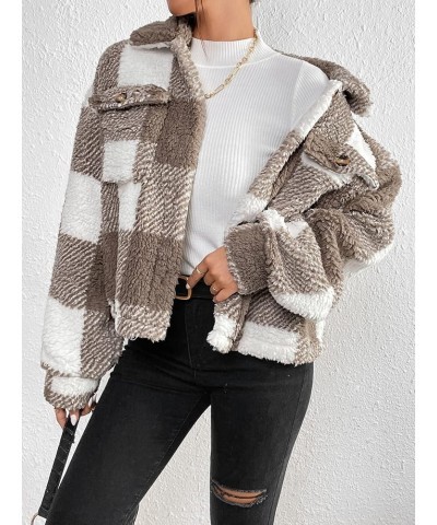 Women's Long Sleeve Button Front Collared Jacket Fuzzy Fleece Coat Outerwear with Pocket Brown White $22.54 Jackets