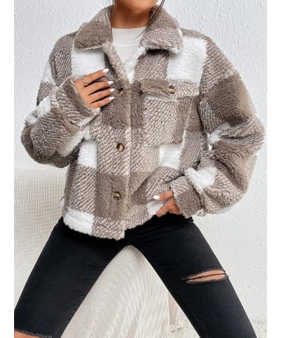 Women's Long Sleeve Button Front Collared Jacket Fuzzy Fleece Coat Outerwear with Pocket Brown White $22.54 Jackets