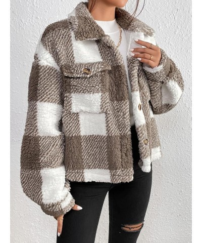 Women's Long Sleeve Button Front Collared Jacket Fuzzy Fleece Coat Outerwear with Pocket Brown White $22.54 Jackets