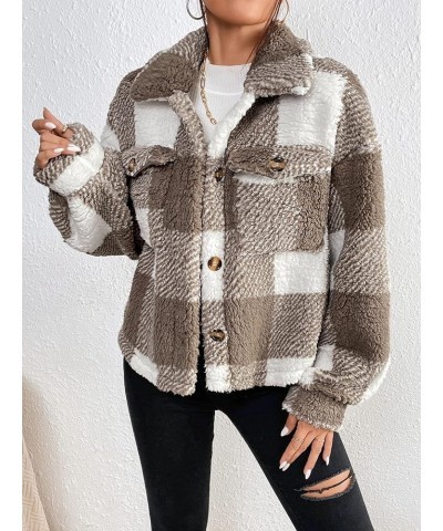 Women's Long Sleeve Button Front Collared Jacket Fuzzy Fleece Coat Outerwear with Pocket Brown White $22.54 Jackets