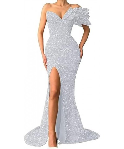 Sequin Mermaid Prom Dress for Women 2023 Cocktail Party Dress with Slit Formal One Shoulder Dresses with Train White $39.95 D...