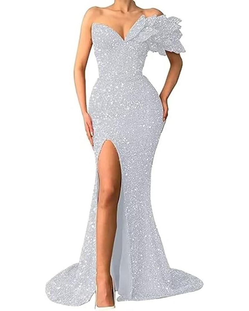 Sequin Mermaid Prom Dress for Women 2023 Cocktail Party Dress with Slit Formal One Shoulder Dresses with Train White $39.95 D...