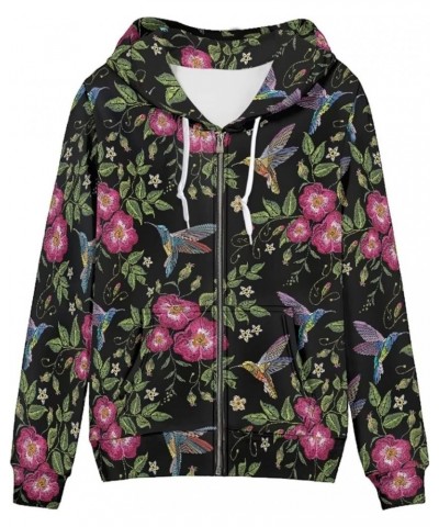 Women's Novelty Print Zip Up Hoodies Long Sleeve Hooded Sweatshirt Jacket with Pocket Floral Hummingbird $19.11 Hoodies & Swe...