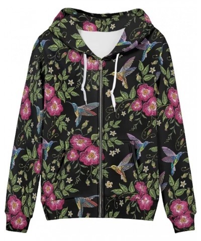 Women's Novelty Print Zip Up Hoodies Long Sleeve Hooded Sweatshirt Jacket with Pocket Floral Hummingbird $19.11 Hoodies & Swe...