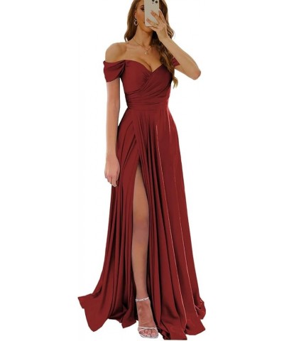 Off Shoulder V Neck Long Bridesmaid Dress for Women High Slit Pleats Formal Evening Dress YK815 Wine Red $31.89 Dresses