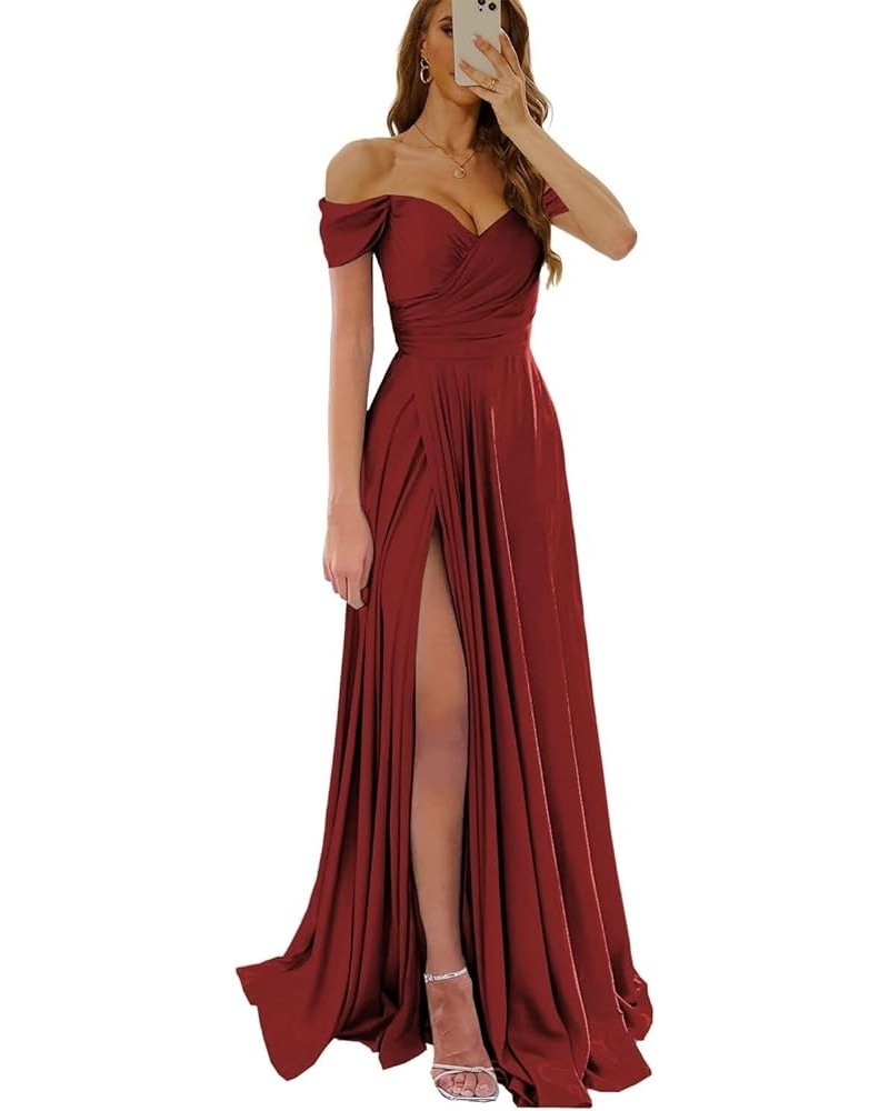 Off Shoulder V Neck Long Bridesmaid Dress for Women High Slit Pleats Formal Evening Dress YK815 Wine Red $31.89 Dresses