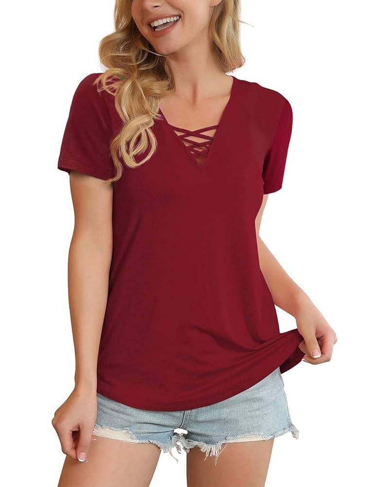 Women's Short Sleeve Criss Cross Casual Short Sleeve Basic Blouse 02 Wine Red $16.63 Blouses