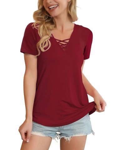 Women's Short Sleeve Criss Cross Casual Short Sleeve Basic Blouse 02 Wine Red $16.63 Blouses