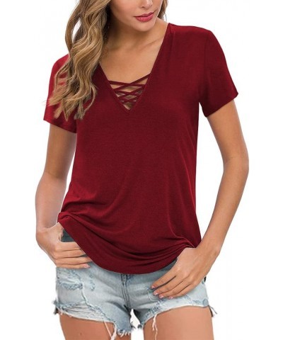 Women's Short Sleeve Criss Cross Casual Short Sleeve Basic Blouse 02 Wine Red $16.63 Blouses