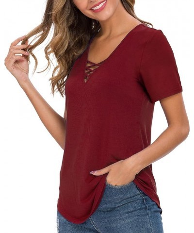 Women's Short Sleeve Criss Cross Casual Short Sleeve Basic Blouse 02 Wine Red $16.63 Blouses