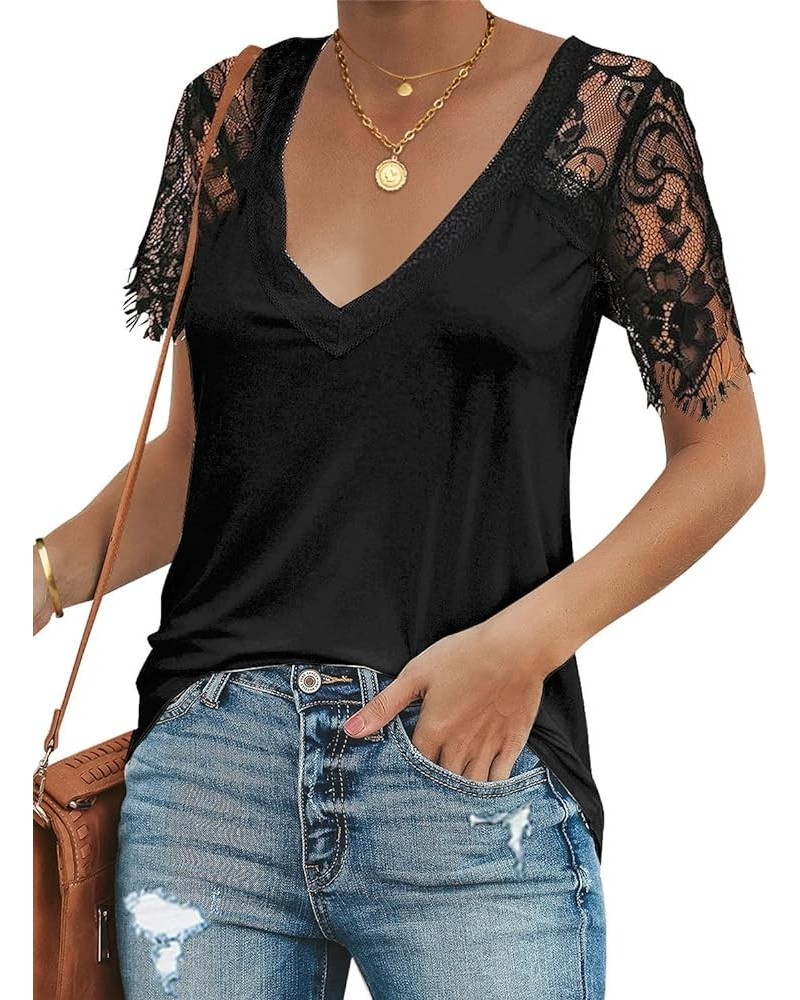 Women's Summer Lace Short Sleeve Scalloped V Neck T-Shirt Casual Blouse Tops Black $15.18 Blouses