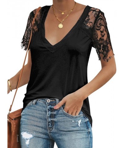 Women's Summer Lace Short Sleeve Scalloped V Neck T-Shirt Casual Blouse Tops Black $15.18 Blouses