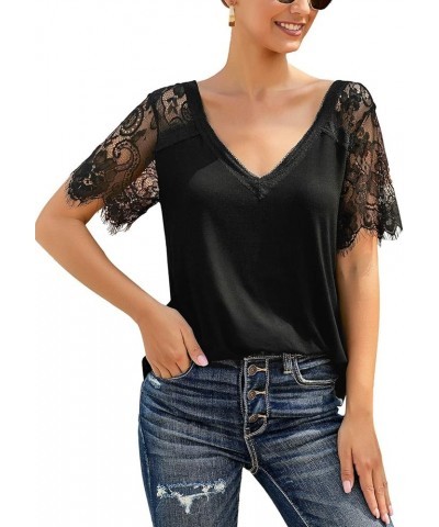 Women's Summer Lace Short Sleeve Scalloped V Neck T-Shirt Casual Blouse Tops Black $15.18 Blouses