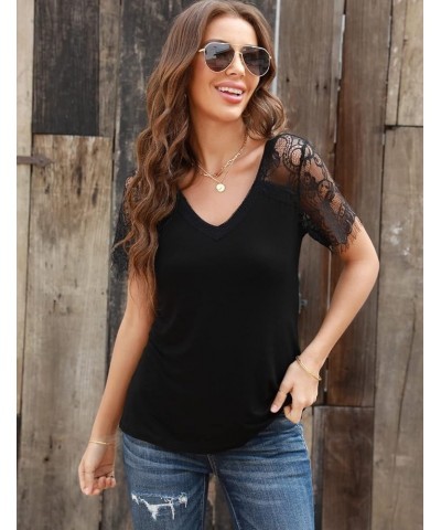 Women's Summer Lace Short Sleeve Scalloped V Neck T-Shirt Casual Blouse Tops Black $15.18 Blouses