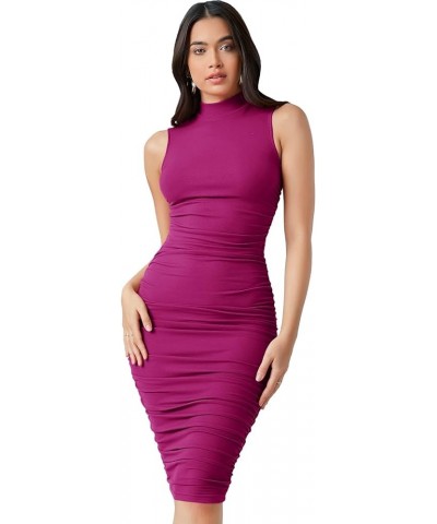 Women's Solid Sleeveless Mock Neck Knee Length Ruched Bodycon Dress Medium Fuchsia $15.58 Dresses