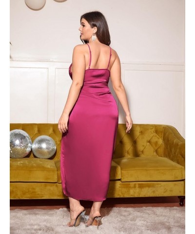 Women's Plus Size Satin Silk Cowl Neck Ruched Wrap Long Cami Dress Red Violet $16.80 Dresses