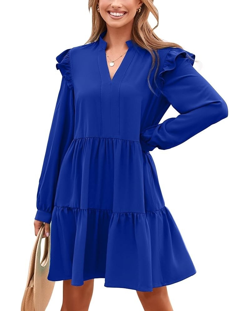 Women's 2024 Spring Fall Casual Ruffle Long Sleeve V Neck Mini Dress Loose Tiered Babydoll Dresses with Pockets Royal Blue $2...