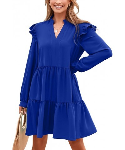 Women's 2024 Spring Fall Casual Ruffle Long Sleeve V Neck Mini Dress Loose Tiered Babydoll Dresses with Pockets Royal Blue $2...