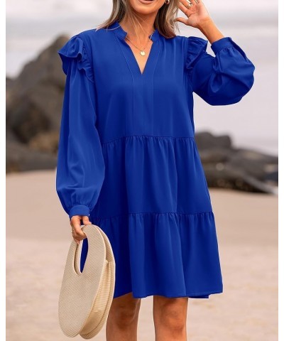 Women's 2024 Spring Fall Casual Ruffle Long Sleeve V Neck Mini Dress Loose Tiered Babydoll Dresses with Pockets Royal Blue $2...