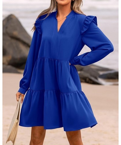 Women's 2024 Spring Fall Casual Ruffle Long Sleeve V Neck Mini Dress Loose Tiered Babydoll Dresses with Pockets Royal Blue $2...