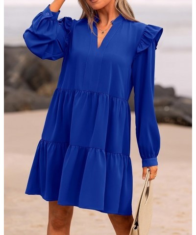 Women's 2024 Spring Fall Casual Ruffle Long Sleeve V Neck Mini Dress Loose Tiered Babydoll Dresses with Pockets Royal Blue $2...