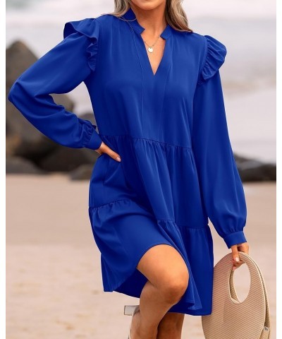 Women's 2024 Spring Fall Casual Ruffle Long Sleeve V Neck Mini Dress Loose Tiered Babydoll Dresses with Pockets Royal Blue $2...