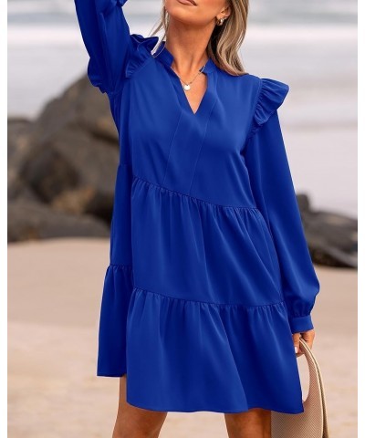 Women's 2024 Spring Fall Casual Ruffle Long Sleeve V Neck Mini Dress Loose Tiered Babydoll Dresses with Pockets Royal Blue $2...