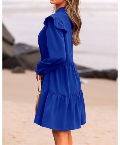 Women's 2024 Spring Fall Casual Ruffle Long Sleeve V Neck Mini Dress Loose Tiered Babydoll Dresses with Pockets Royal Blue $2...