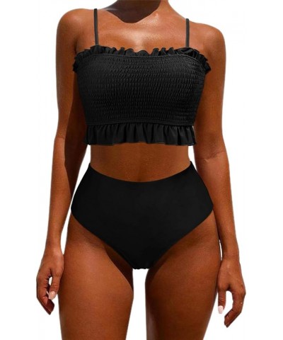 Women's Bandeau Bikini Sets Cute Shirred Swimsuit High Waisted Bathing Suit 58-solid Black $20.06 Swimsuits